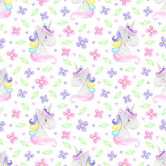 Watercolor seamless pattern unicorn head, cute, big dreams, magic, fairy tale. Print Unicorn, unicorn background, flowers, greenery, summer.  Pastel colors. For digital paper, fabrics