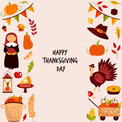 Fototapeta premium Thanksgiving design with holiday symbols turkey, pumpkin, pie.