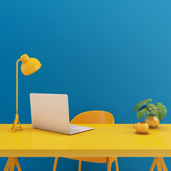 Table with laptop mock up.Yellow chair,lamp,table on blue background.Working space concept3d rendering