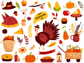 Big set of Thanksgiving symbols turkey, pie, pumpkin, corn, sweets