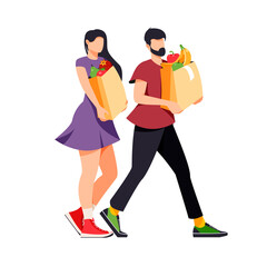 Isolated on white man and woman with  grocery paper bags vector illustration. Buying healthy food design element. Supermarket customer in flat cartoon style.

