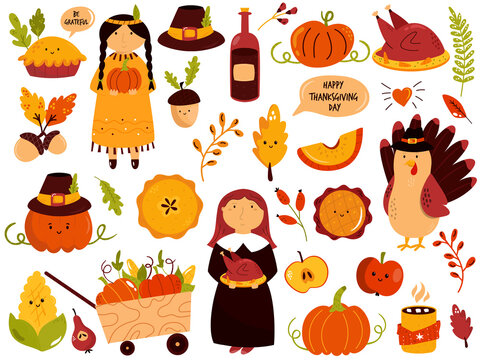 Big set of Thanksgiving symbols turkey, pie, pumpkin, corn, sweets