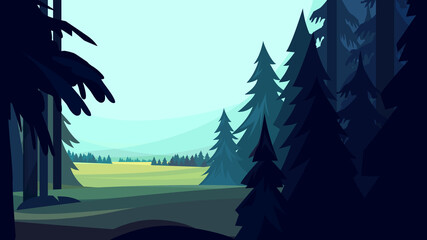 Coniferous forest in cartoon style. Beautiful nature landscape. © Pakon