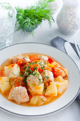 Turkey stew with potatoes, peppers, tomatoes and zucchini, selective focus