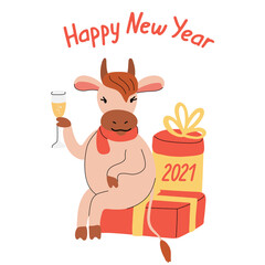 Happy New Year greeting card with a cute cheerful bull or cow drinking champagne. Animal sits on a gift box. Year of ox 2021. Hand drawn lettering. Vector illustration isolated on white background.