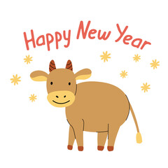 Happy New Year greeting card with a cute bull. Year of ox poster. Vector illustration isolated on white background. Hand drawn lettering.