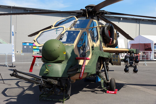 Turkish Aerospace Industries T129 Attack helicopter at the Int. Aerospace Exhibition ILA on May 21st, 2014 in Berlin, Germany. The helicopter is based on the Agusta A129.