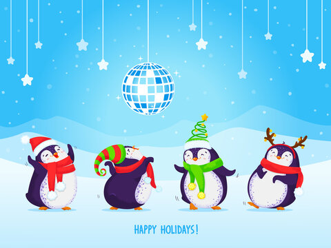 Happy cute dancing penguin characters in different poses and santa hats set. Disco ball, snowflakes, stars and mountains background. Merry Christmas greetings.