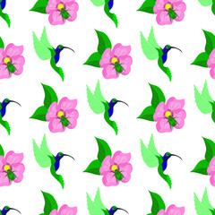 Hummingbirds and pink flowers, seamless pattern, vector illustration