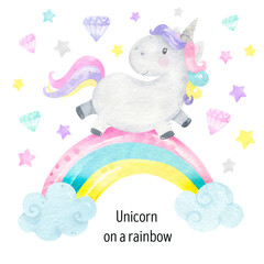 Watercolor funny unicorn. Сlouds, stars, rainbow,  diamonds. Nursery Clipart, cute, big dreams, magic, fairy tale  illustrations. Pastel colors for girls. Unicorn card, greeting card, invitation card