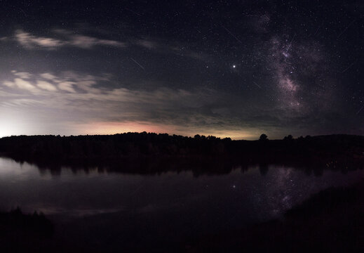 Fantastic panoramic view of the Milky Way, reflected in the water