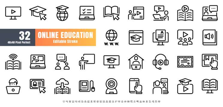48x48 Pixel Perfect. Online Education Line Outline Icon Set Vector. Editable Stroke.