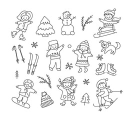 Children playing in the snow, sledding, skiing, skating, snowboarding and set doodle winter objects. Hand drawn snowman, ski, skates, dog. Vector illustration on white background