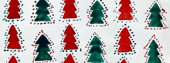 Christmas festive background. Hand drawn watercolor trees. New Year celebration.