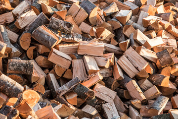 Close-up of chopped firewood. Full frame image of wood pile. Logging in Croatian village