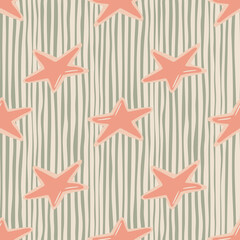 Pastel pink new year star cookies silhouettes seamless pattern. Doodle delicious bakery ornament on grey stripped background.