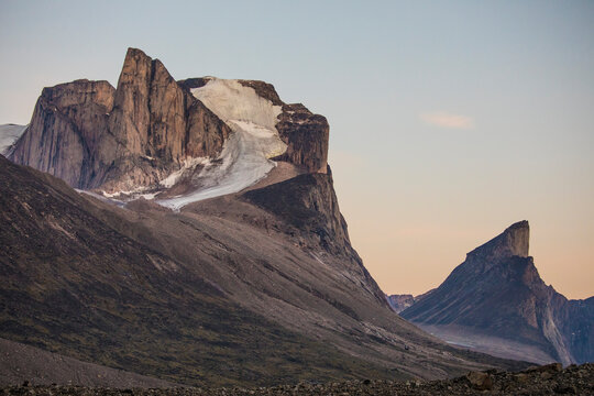 Breidablik Peak and Mt. Thor as seen from Akshayak Pass, Baffin Island