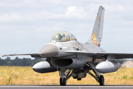 Belgian Air Force F-16 fighter jet during the NATO Tiger Meet at Schleswig-Jagel airbase. The Tiger Meet is to promote solidarity between NATO air forces. SCHLESWIG-JAGEL, GERMANY - JUN 23, 2014.