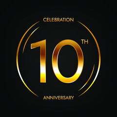 10th anniversary. Ten years birthday celebration banner in bright golden color. Circular logo with elegant number design.