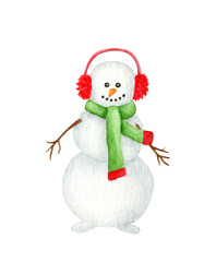 Watercolor snowman. Hand painted cute Christmas illustration with snowman in red earmuffs and scarf isolated on white background. Winter symbol for New year card, print, postcard, decoration