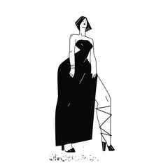 Beautiful fashion model in a fancy, luxury long dress. Elegant woman posing on high heels. Stylized black and white character. Stock vector illustration.