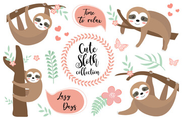 Cute sloth character set. Collection of design elements with trees, plants, flowers. Kids baby clip art funny smiling forest animal, sticker. Vector illustration
