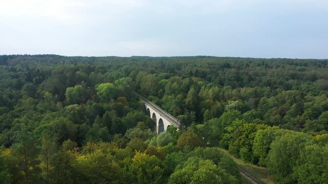 Aerial view of the old Prussian viaduct in Rominta forest, Russia