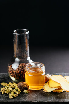 berry tinctures in shorts with fruit and berries on the backgrou