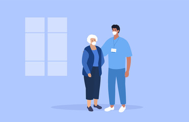 Doctor and old woman. Support and medical care. Doctor and patient. Vector