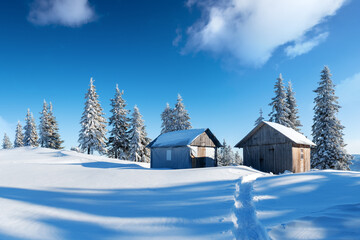 Fototapeta na wymiar Fantastic winter landscape with wooden house in snowy mountains. Christmas holiday concept