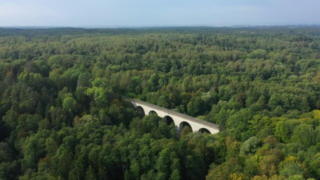 Aerial view of the old Prussian viaduct in Rominta forest, Russia