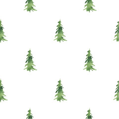 Seamless pattern with watercolor Christmas trees. Festive background, winter theme, forest, trees, green. For printing, packaging, cover, textiles, wallpaper, scrapbooking.