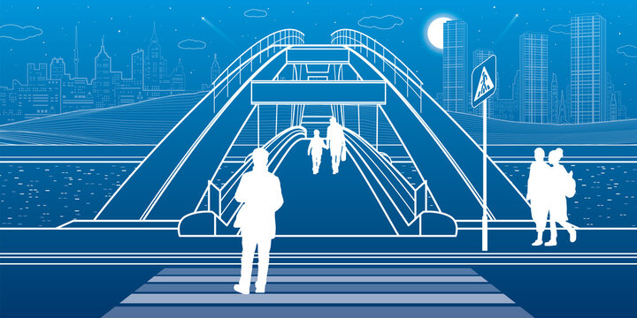 Pedestrian bridge over the river. Night city at background. Infrastructure illustration. Vector design art