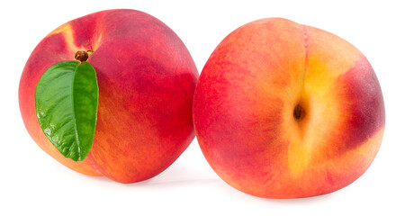 peach fruits with green leaf isolated on white background. full depth of field