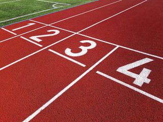 Red running racetrack on the stadium. Red running tracks in the stadium. Empty sport stadium....