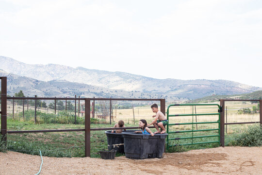 Siblings playing in trough of water on ranch