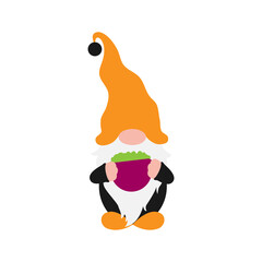 Halloween Gnome with white beard in holiday costume with witch pot in hands and orange hat. Isolated without background. Cute farmhouse gnome for invitation, greeting card, home decoration, promo