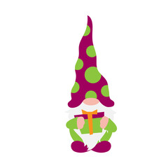 Halloween Gnome with white beard in holiday costume with gift in hands and dotted hat. Isolated without background. Cute farmhouse gnome for invitation, greeting card, home decoration, promo