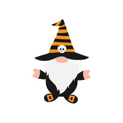 Halloween Gnome with white beard in holiday costume, rocking hands and skull on hat. Isolated without background. Cute farmhouse gnome for invitation, greeting card, home decoration, promo