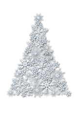 Creative Christmas tree made of volumetric snowflakes on a white background.