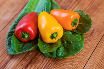 three sweet peppers on wooden table background