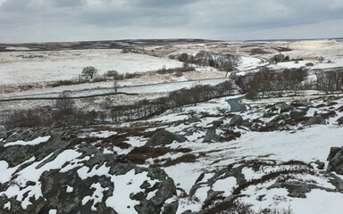 Moorland landscape with trees, boulders, fields, and heather in winter. Goathland, UK.