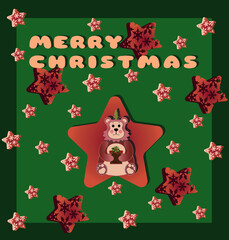 Christmas themed card with Christmas bear on the green background