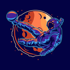 astronaut vector illustration kick ball football on space with moon
