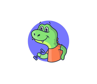The dino logo in the purple circle. Cartoonish sport dinosaur with a dumbbell in an orange t-shirt . Good for cloth designs, stickers, ads, etc. This design is a vector illustration 
