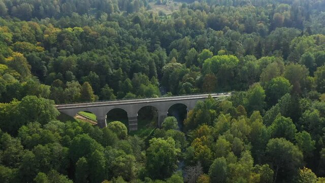 Aerial view of the old Prussian viaduct in Rominta forest, Russia
