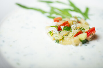 Traditional cold dish okroshka: cold soup with vegetables.