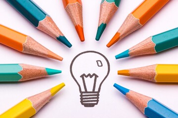 A light bulb surrounded by colour pencils as a symbol of creativity and art