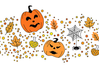 Halloween seamless pattern border with hand drawn pumpkins, leaves on a white background. Big size.