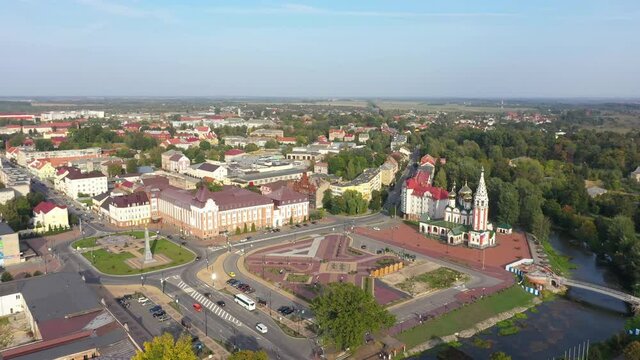 Aerial view of the main square of Gusev town, Russia